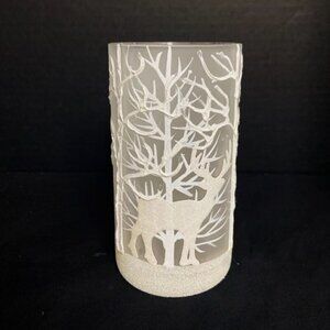 Two's Company Frosted Glass Candle Holder White Deer & Trees Glittery